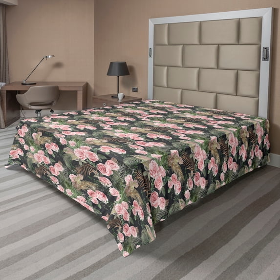 Ambesonne Rosetta Flat Bedding Sheet Soft Top Sheet, Nostalgic Floral Print Boho, California King, Pale Pink Jade Green