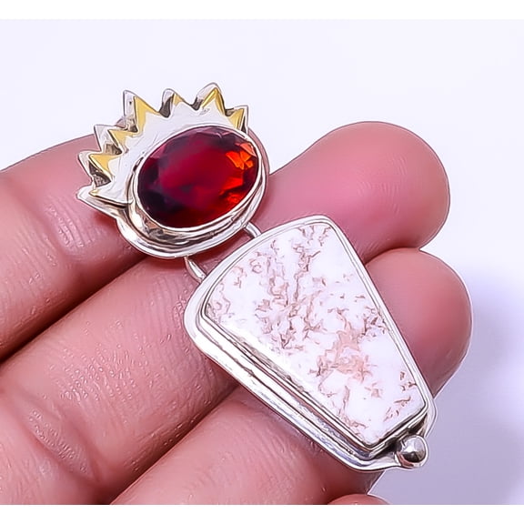 Rosetta Jasper & Garnet Gemstone 925 Sterling Silver Designer Pendant 1.95" A316, Beautiful Jewelry For Woman, New Year Sale, Valentin's Day Gift
