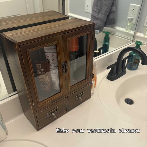 Rosetta Mini Countertop Country Vintage Locker, Wall-Mounted Wood Display with Organic Glass Door, Food Storage, 2 Bottom Drawers-Pharmacist Cabinet-Display Cabinet (Burnt Wood Color)