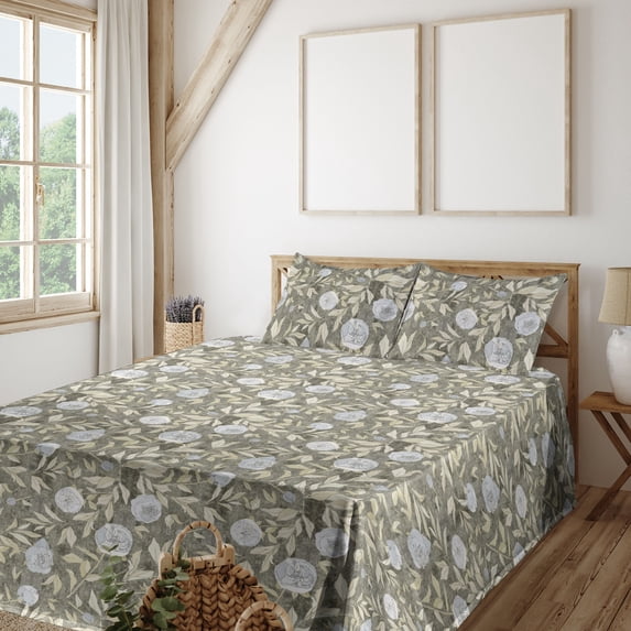 Ambesonne Rosetta Fitted & Flat Sheet with Shams 4 Pcs Set, Nostalgic Autumnal Flowers, Full, Pastel Green Coconut