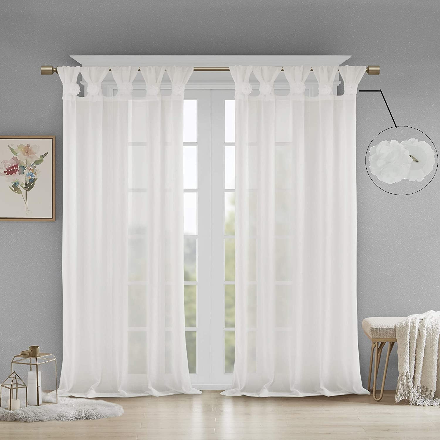 White Faux Linen Sheer Tab Top Curtain Panel