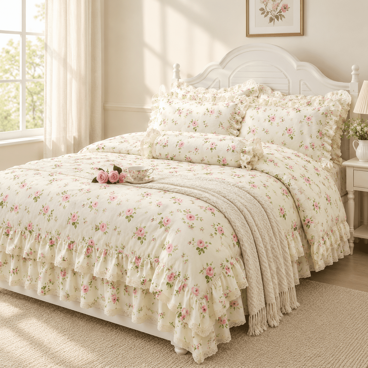 Lace Bed Ruffle Rosette Flprint Duvet Cover Set Princess Lace Ruffle Bedding For 3 ...