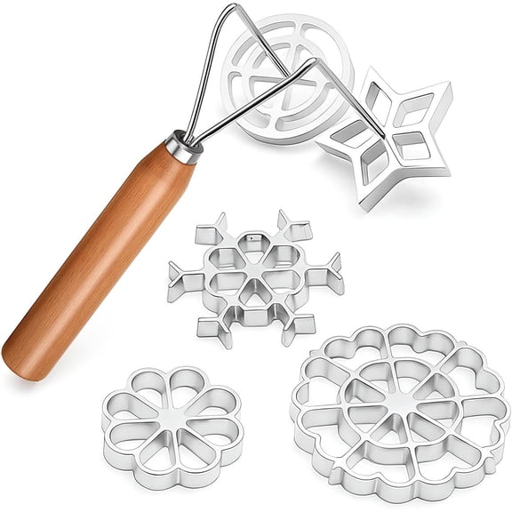 Rosette Iron Mold Set with Double Headed Handle and Interchangeable Heads for Baking