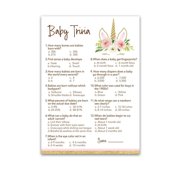 Roseum Collections UNICORN GIRL Baby Shower Game BABY TRIVIA Games Pack of 25 Fun Baby Facts Games, Pink Floral Magical Theme Baby Shower Trivia Baby Shower Activity Sprinkle Sip See G640-TRV