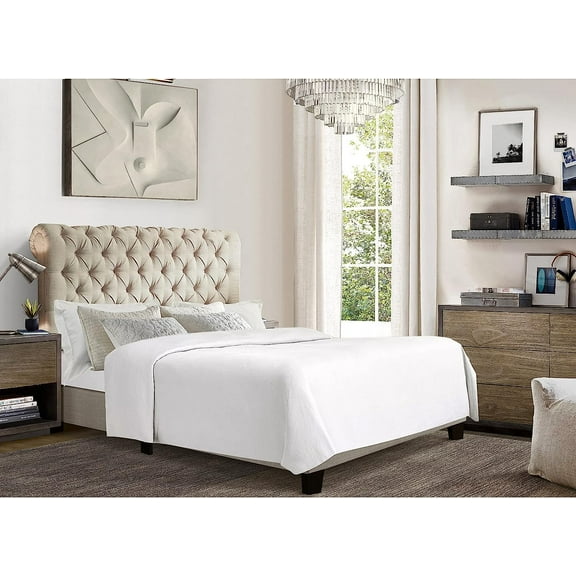 Rosevera Corrine Upholstered Bed Frame with Button Tufting Headboard/Adjustable Headboard/Rolled Head Headboard Bed Frame/Wood Slat Support/Easy Assembly,Queen,Textile Beige