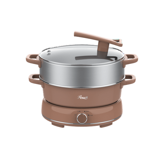 Rosewill 12.7 QT Electric Hot Pot with Multiple Functions, Split Design with 11.8 inch Wider Cooking Pot and SUS Steam Basket, 1600W High Power, Includes Utensils - Mocha