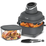Rosewill 4-in-1 Portable Glass Air Fryer, 4.7QT Transparent Glass Cooking Pot with Storage Lid & Tongs, Compact Smart for Deep Roast, Recrisp, Keep Warm   Dark Grey