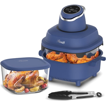 Rosewill 4-in-1 Portable Glass Air Fryer, 4.7QT Transparent Glass Cooking Pot with Storage Lid & Tongs, Compact Smart for Deep Roast, Recrisp, Keep Warm – Navy Blue