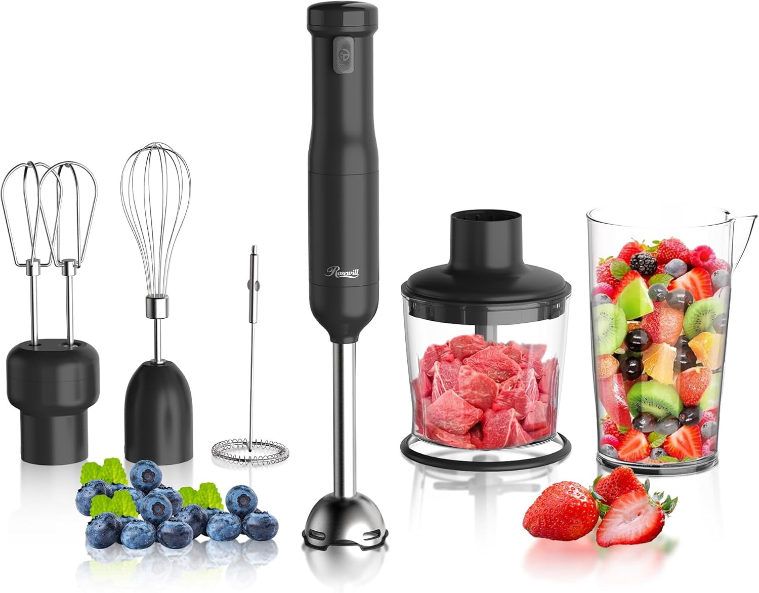 Rosewill 6-in-1 Multi-Speed Cordless Rechargeable Immersion Hand Blender,  Heavy Duty Motor - Stick Blender, Beaker, Whisk, Chopper, Dual Beater, Milk Frother - For Smoothies, Baby Food, Soup - Black