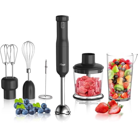 Rosewill 6-in-1 Multi-Speed Cordless Rechargeable Immersion Hand Blender, Heavy Duty Motor - Stick Blender, Beaker, Whisk, Chopper, Dual Beater, Milk Frother - For Smoothies, Baby Food, Soup - Black