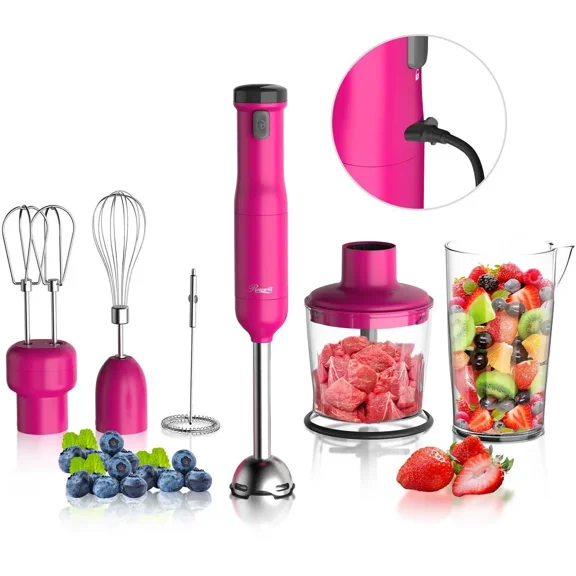 Rosewill 6-in-1 Multi-Speed Cordless Rechargeable Immersion Hand Blender, Heavy Duty Motor - Stick Blender, Beaker, Whisk, Chopper, Dual Beater, Milk Frother - For Smoothies, Baby Food, Soup - Rose