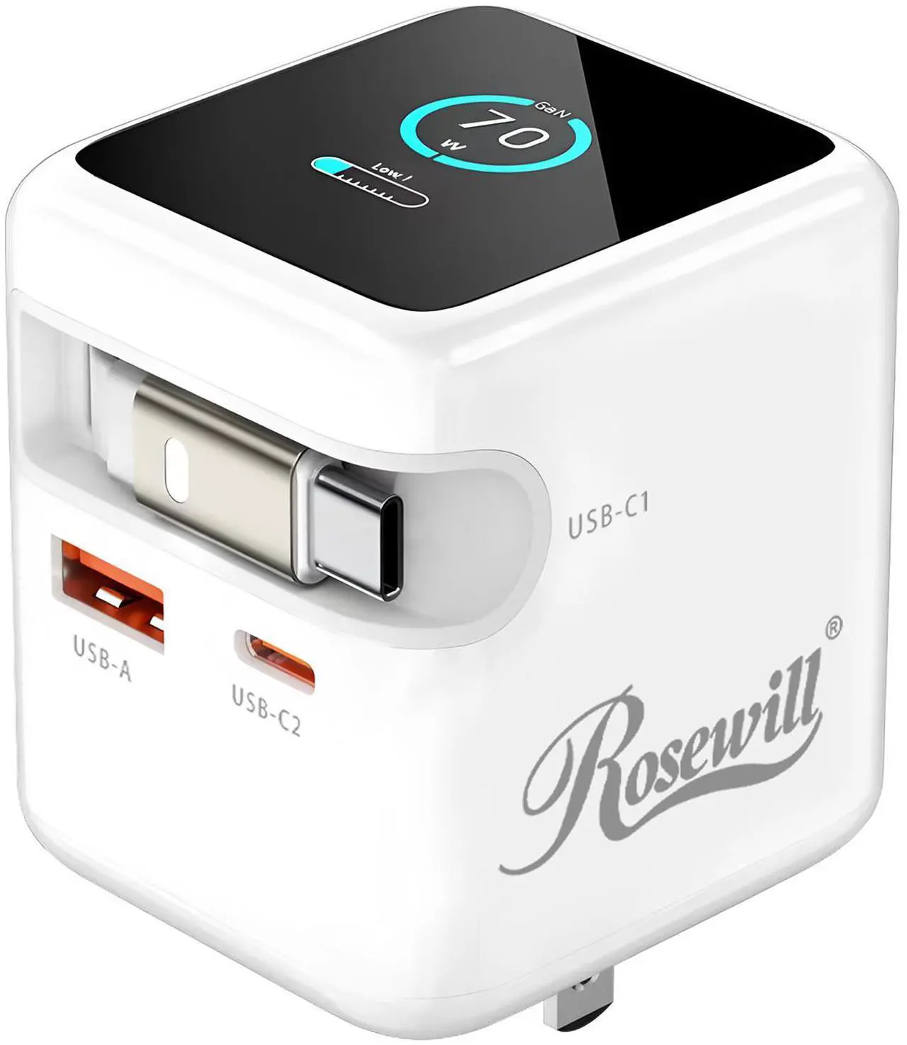 Rosewill 70W Retractable USB-C Wall Charger with Built-in Cable, 3-Port GaN 3 Fast Charging, Foldable Design & Real-Time TFT Display for MacBook, iPad, iPhone, Galaxy - White