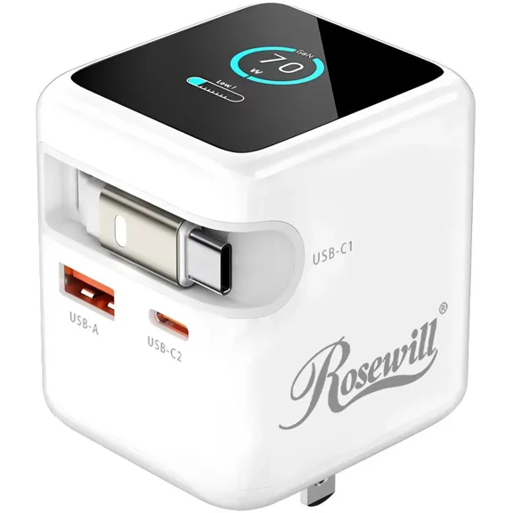 Rosewill 70W Retractable USB-C Wall Charger with Built-in Cable, 3-Port GaN 3 Fast Charging, Foldable Design & Real-Time TFT Display for MacBook, iPad, iPhone, Galaxy - White