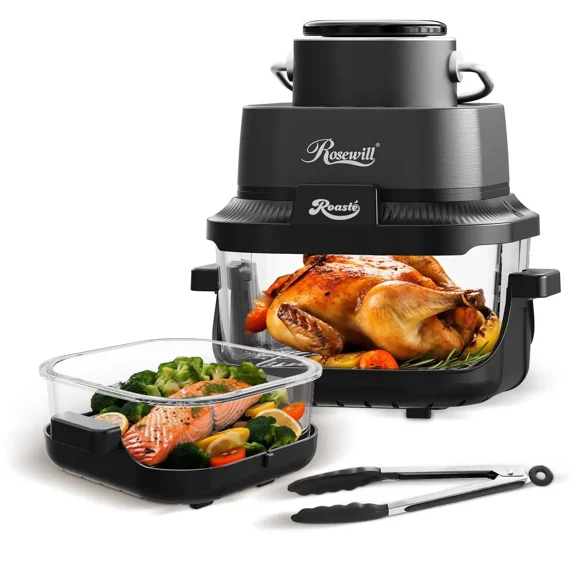 Rosewill 8-in-1 Portable Glass Air Fryer, 5.5QT & 1.6QT Dual Transparent Glass Cooking Pot with Storage Lid & Tongs, Compact Smart for Air Fry, Deep Roast, Recrisp, Bake and more Black