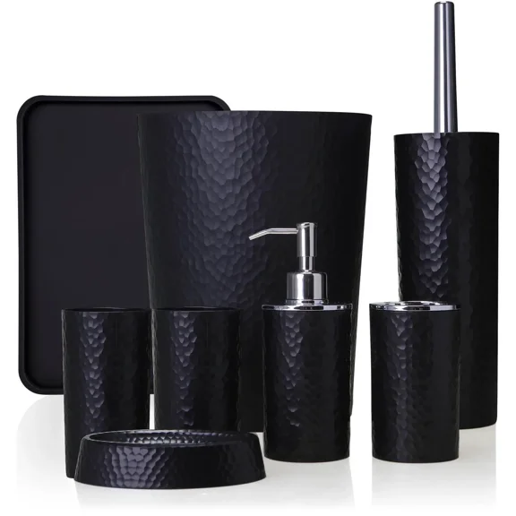 Rosewill Bathroom Accessories 8-Piece Set Trash Can, Toilet Brush with Holder, Lotion Dispenser, Toothbrush Holder, 2 Toothbrush Cups, Soap Dish & Tray - Black