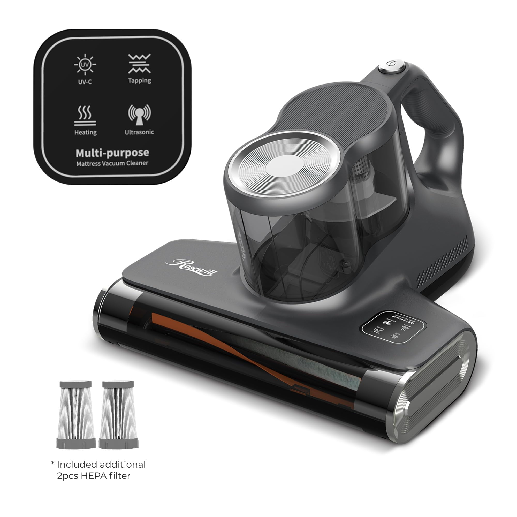 Rosewill Mattress Vacuum Cleaner: 450W 16Kpa Strong Suction, 253.7nm UV-C Light, Ultrasonic & High Heating Tech, Dual Dust Cup - Corded (Metallic Grey) - RHVC-24003