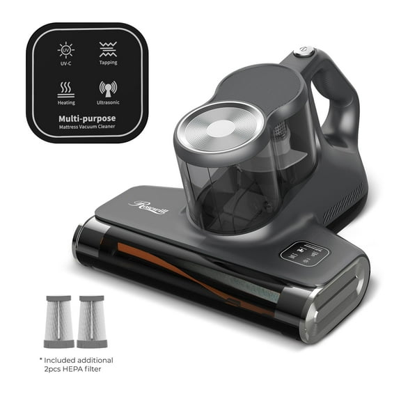Rosewill Mattress Vacuum Cleaner: 450W 16Kpa Strong Suction, 253.7nm UV-C Light, Ultrasonic & High Heating Tech, Dual Dust Cup - Corded (Metallic Grey) - RHVC-24003