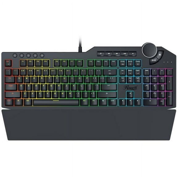 Rosewill NEON K90 RGB BR Mechanical Gaming Keyboard with 15 RGB Backlit Modes, 2-Port USB Passthrough, Media Keys & Multifunctional Volume Dial & Switches, Brown
