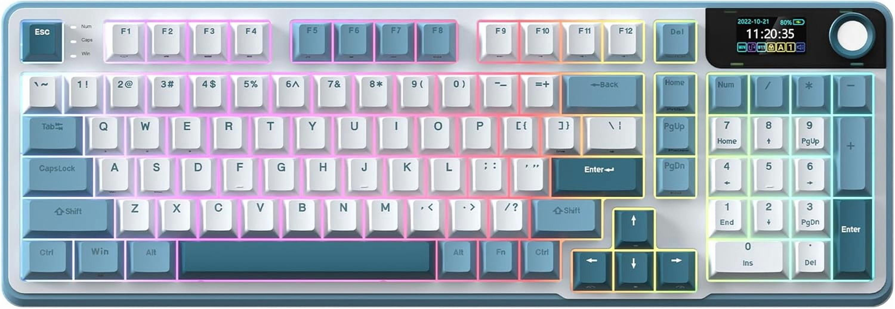 Rosewill Neon S96 Wireless Mechanical Keyboard, 98-Key Layout w/ Volume Knob, Bluetooth / 2.4GHz / USB-C, Hot-Swappable Blue Switches, RGB Backlit, 3750mAh Battery, Windows & macOS, White