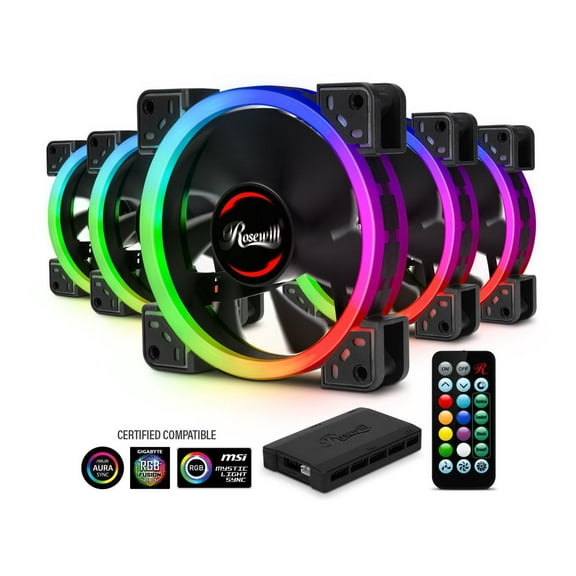 Rosewill RGBF-23001 120mm Dual Ring Addressable RGB Case Fan Hub Set, True RGB LED Case Fans (5-Pack) and 8-Port Fan Hub, Ultra Quiet Cooling with Long Life Rifle Bearings