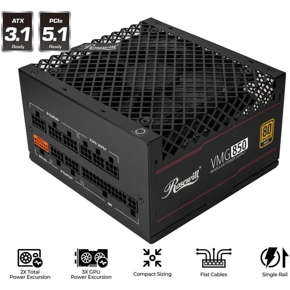 Rosewill VMG 850W 80+ Gold, ATX 3.0 & 3.1 Compatible, Full Modular Low-Noise Power Supply, PCIe 5.1 12V-2x6 Connector, 100% Japanese Capacitor, 120mm FDB Silent Fan - 5 Year Warranty - VMG850