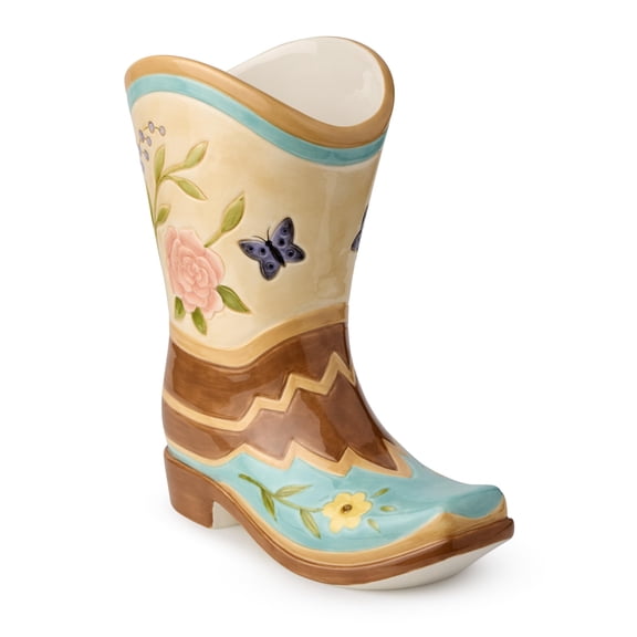 Rosewood 3-D Boot Vase, 9x4.5x9.75-Inch, 56-Ounce Capacity, Hand-Painted Western Design with Intricate Floral Details, Rustic Cowboy Boot Shape, Perfect for Flowers & Farmhouse Dcor