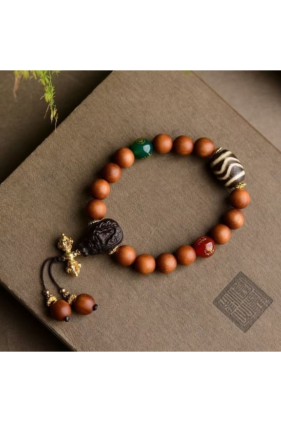 Rosewood Bead Bracelet 9mm with Tiger Tooth Dzi and Agarwood Buddha Bead Spiritual Jewelry Handmade Unisex Mala