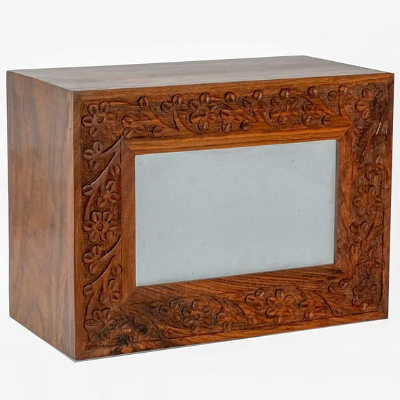 Rosewood Border Engraved Wooden Cremation Urns for Human Ashes Adult - Handcrafted Photo Funeral Memorial Ashes Urn - Columbarium Urn (250 Cubic Inches, Natural)