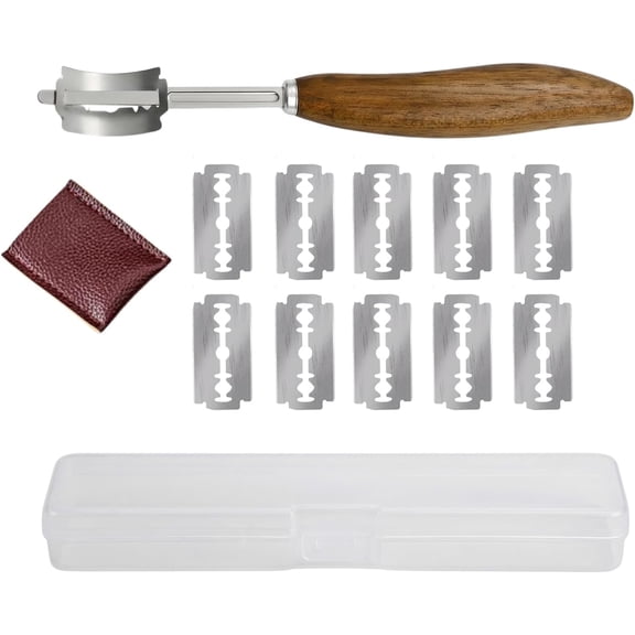 Rosewood Bread Lame for Sourdough Scoring, Ergonomic Curved Wood Handle Bread Slashing Tool with 304 Stainless Steel Stick, Includes Storage Box and 10 Replaceable Blades for Professional Bakers