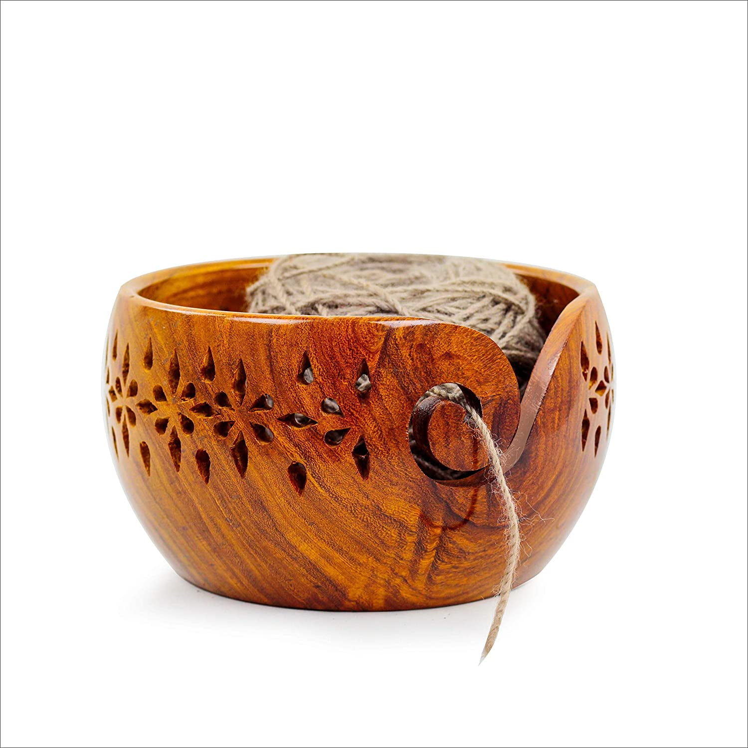 Nagina International Handmade Wooden Yarn Storage Bowl With Yarn Dispensing Curl - Large Rosewood Knitting Accessory