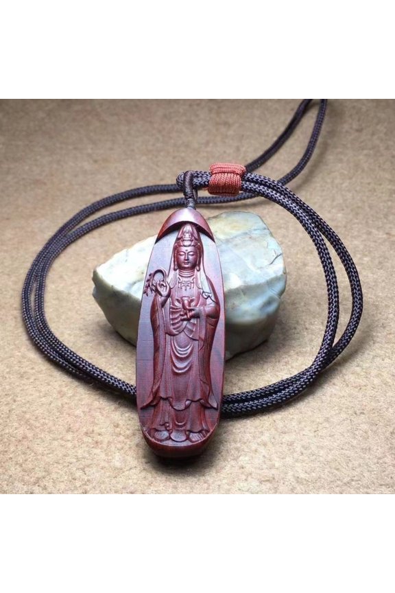 Rosewood Guanyin Pendant Carved Wood Amulet Buddhist Talisman Necklace or Car Hanging Decor Spiritual Gift for Men and Women