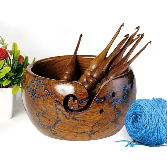 Rosewood Lichtenberg Wooden Storage Yarn Bowl, Bowl Holder & Dispenser for Tangle-Free Yarn Perfect Large Knitting & Crochet Bowl