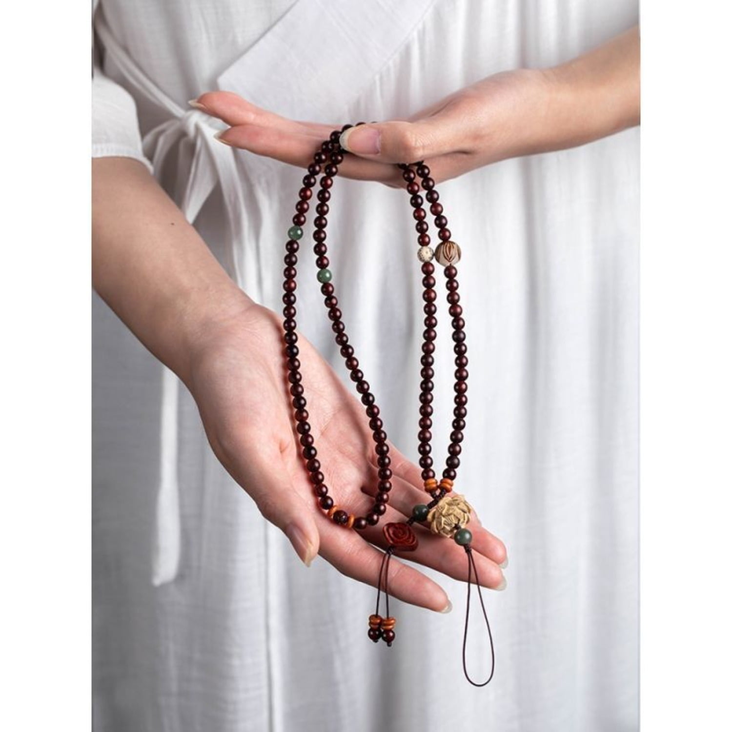 Rosewood Phone Lanyard Lotus Carved Adjustable Neck Strap Buddhist Jewelry Spiritual Gift