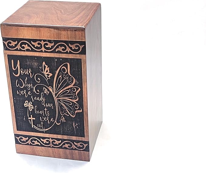 Rosewood Urn-Box for Human Ashes - Hand Carved Beautiful Butterfly Wooden Box - Cremation Urn for Pets Burial Urn Box for Loving Memories - Large Unique Decorative Urns (5" x 4.25" x 4.25")