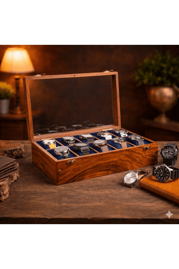 Rosewood Watch Box Organiser for Men, 10 Slot Wooden watch boxes, Watch case for men, Indian Rosewood Timekeeper box with hinged lid, Timepiece storage Box, Organiser Display Case, Gift for him