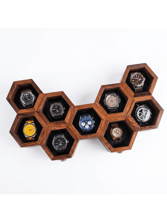 Rosewood Watch Box Organiser for Men, 9 Slot Wooden watch boxes, Watch case for men, Indian Rosewood Timekeeper box with hinged lid, Timepiece storage Box, Organiser Display Case, Gift for him