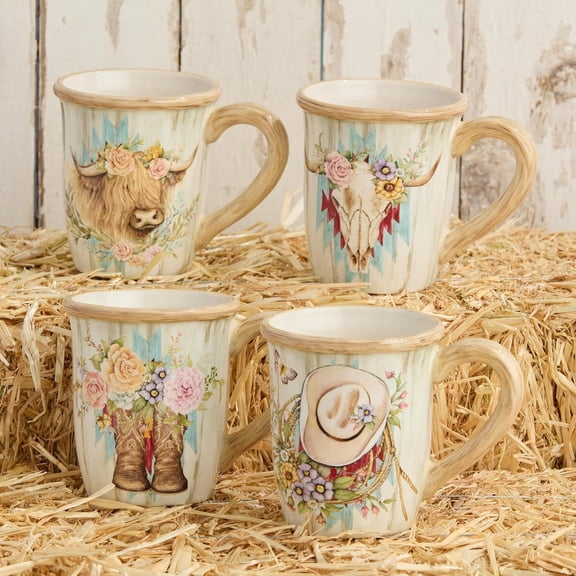 Rosewood Western Design Ceramic Mugs Set of 4, 14oz Assorted Floral  Boots Highland Cow Steer Skull Coffee Tea Cups for Farmhouse Decor