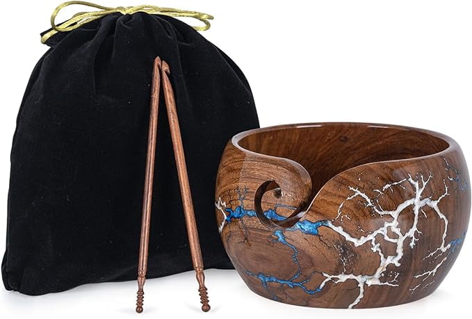 Rosewood Wooden Yarn Bowl for Crocheting Large 7X4 Inch, Cute Crochet Hooks of 5 & 6 mm with Knitting Bowl for Yarn, Best Gift for Crochet Lovers from Craft Supplier Brand INANOSA with Velvet Bag