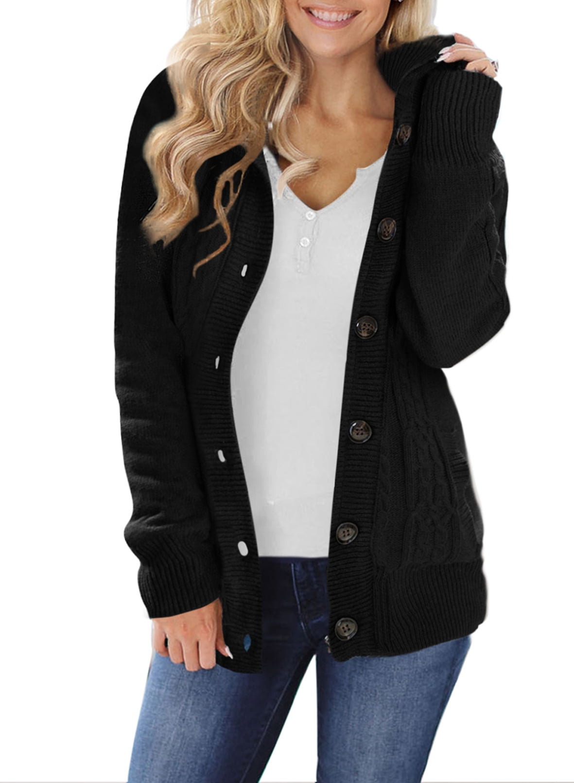 Rosfancy Hooded Cardigans for Women Cable Knit Sweaters Open Front