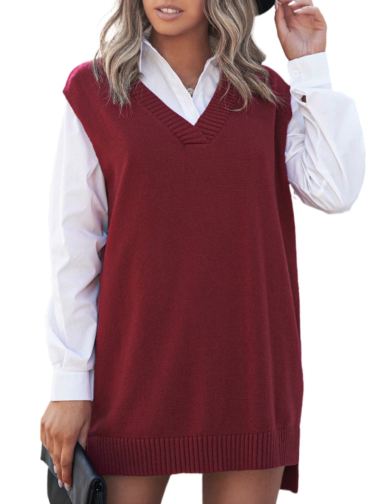 Rosfancy Oversized Vest Pullover for Women V Neck Sweater Preppy Style