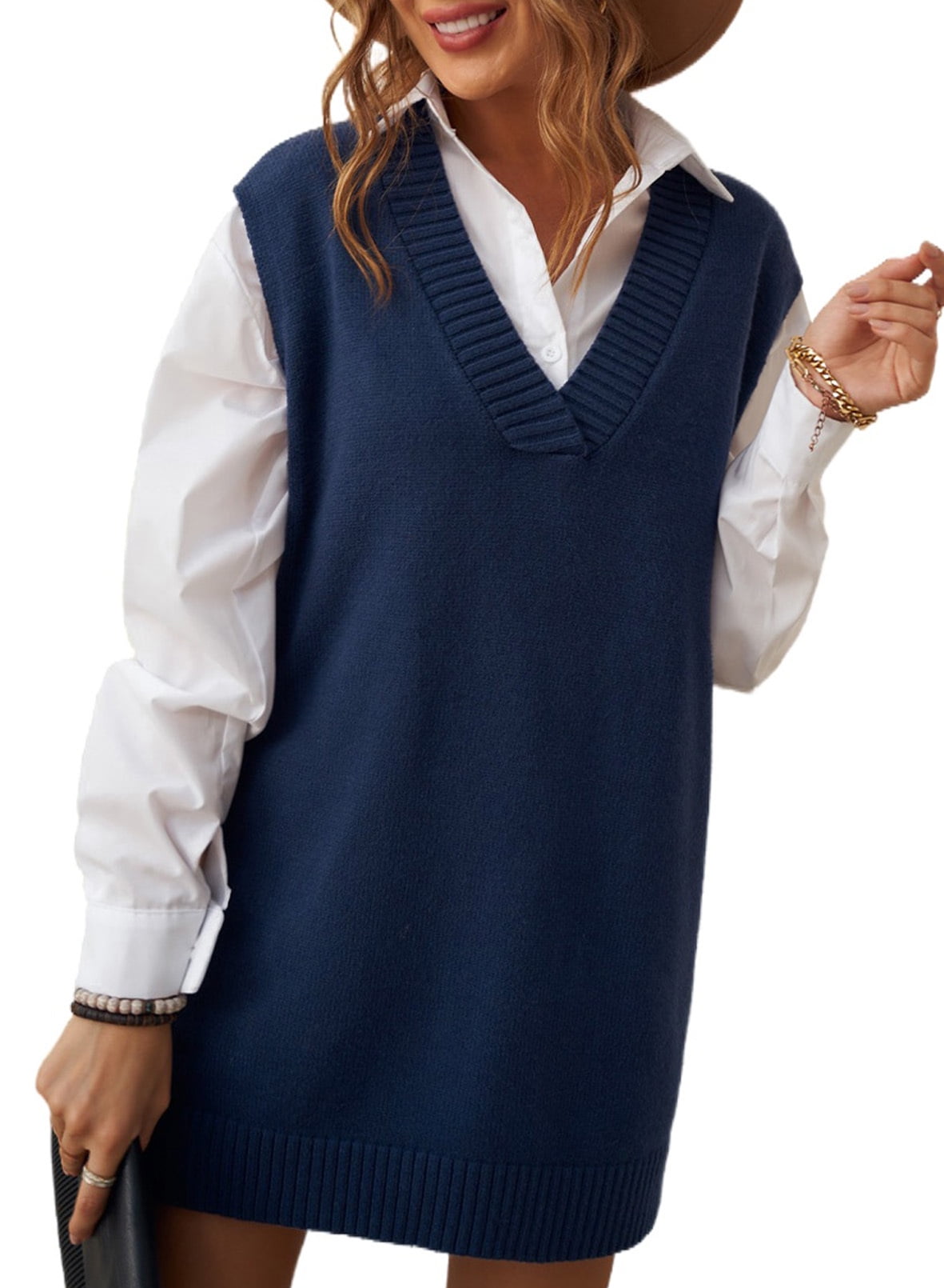 Rosfancy V Neck Sweater for Women Oversized Pullover Sweaters Preppy