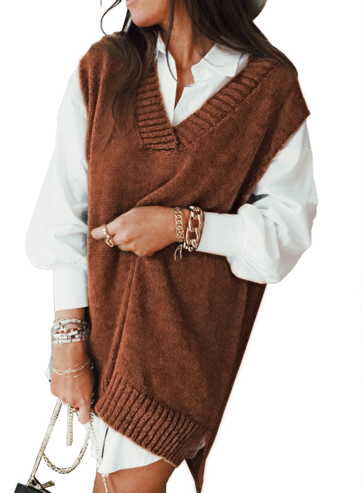 Rosfancy Women Cable Knit Vest Pullover Sweater Oversized V Neck Preppy
