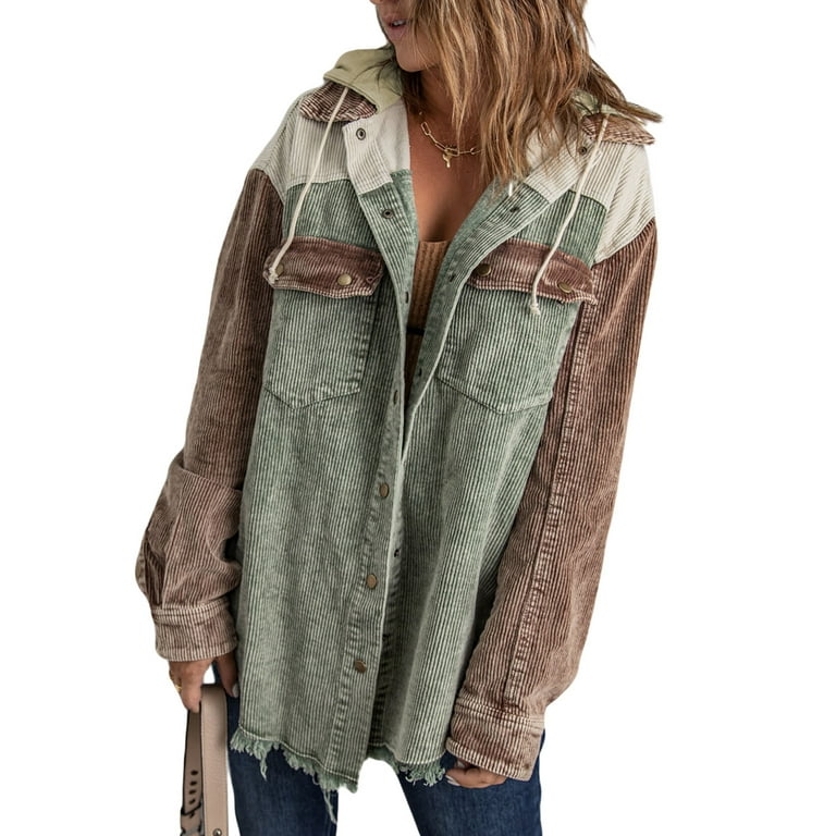 Corduroy color block drawstring hooded jacket best sale