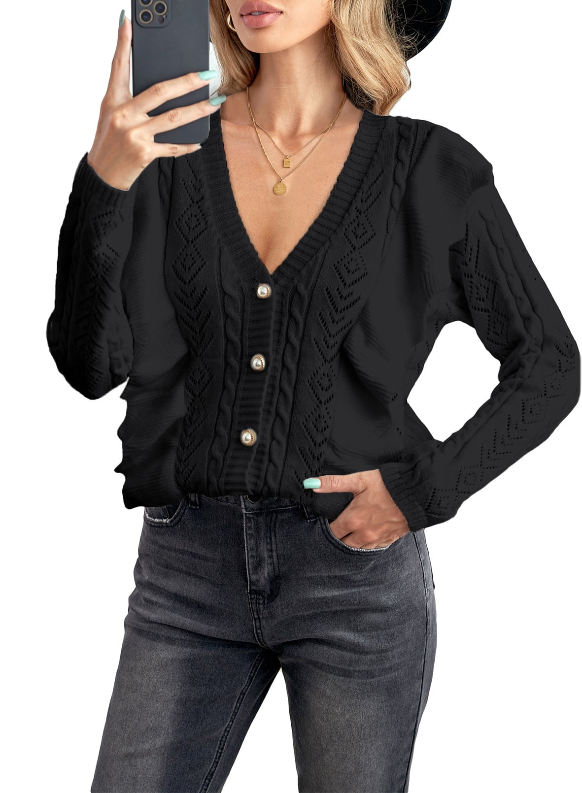 Rosfancy Women V Neck Cardigan Sweaters Long Sleeve Button Down