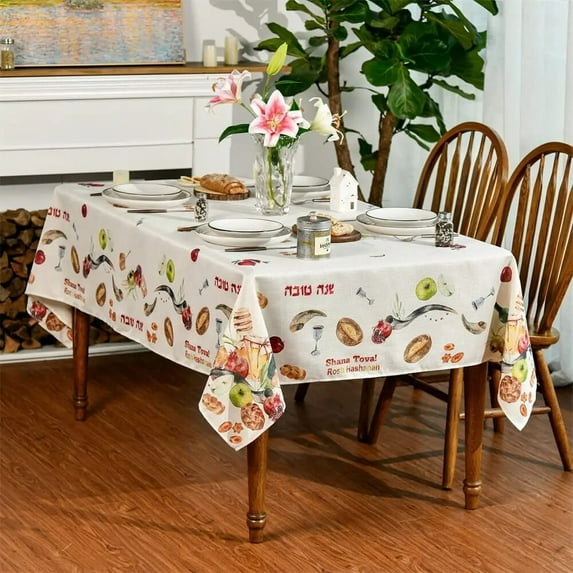 Rosh Hashana Rectangle Tablecloth Dining Table Decor Jewish Shana Tova Pomegranate Food Washable Table Cover for Party Decor