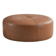 Roshbach Round Mid-Century Genuine Leather Ottoman in Tan