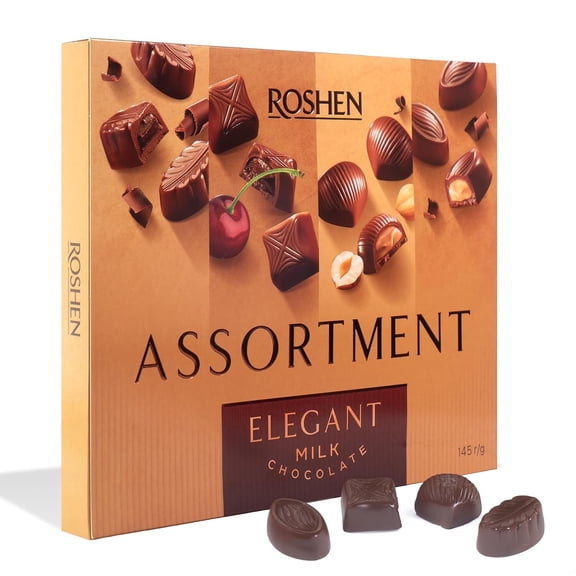 Roshen Assortment Elegant Milk Chocolate Gift Box, 5.11 oz, European Gourmet Candy with Cocoa, Cream Fudge, Cherry Truffle & Nut Cream Fillings, Luxury Chocolate Gift for Birthdays, Holidays