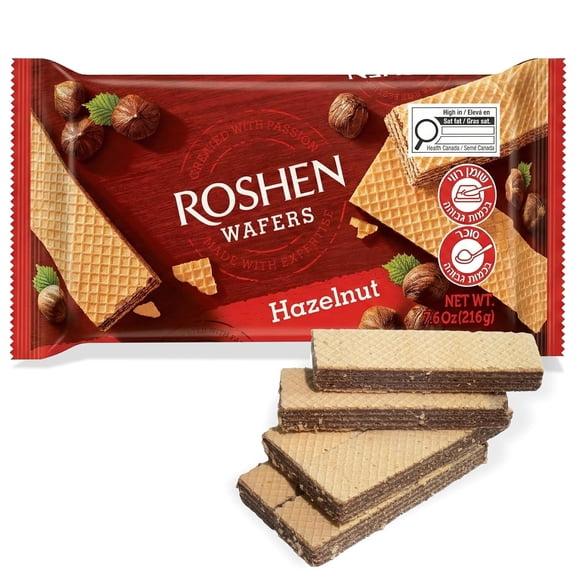Roshen Hazelnut Wafers, Crispy Wafer Cookies with Hazelnut Filling, Approx. 12  Wafers, 7.6oz
