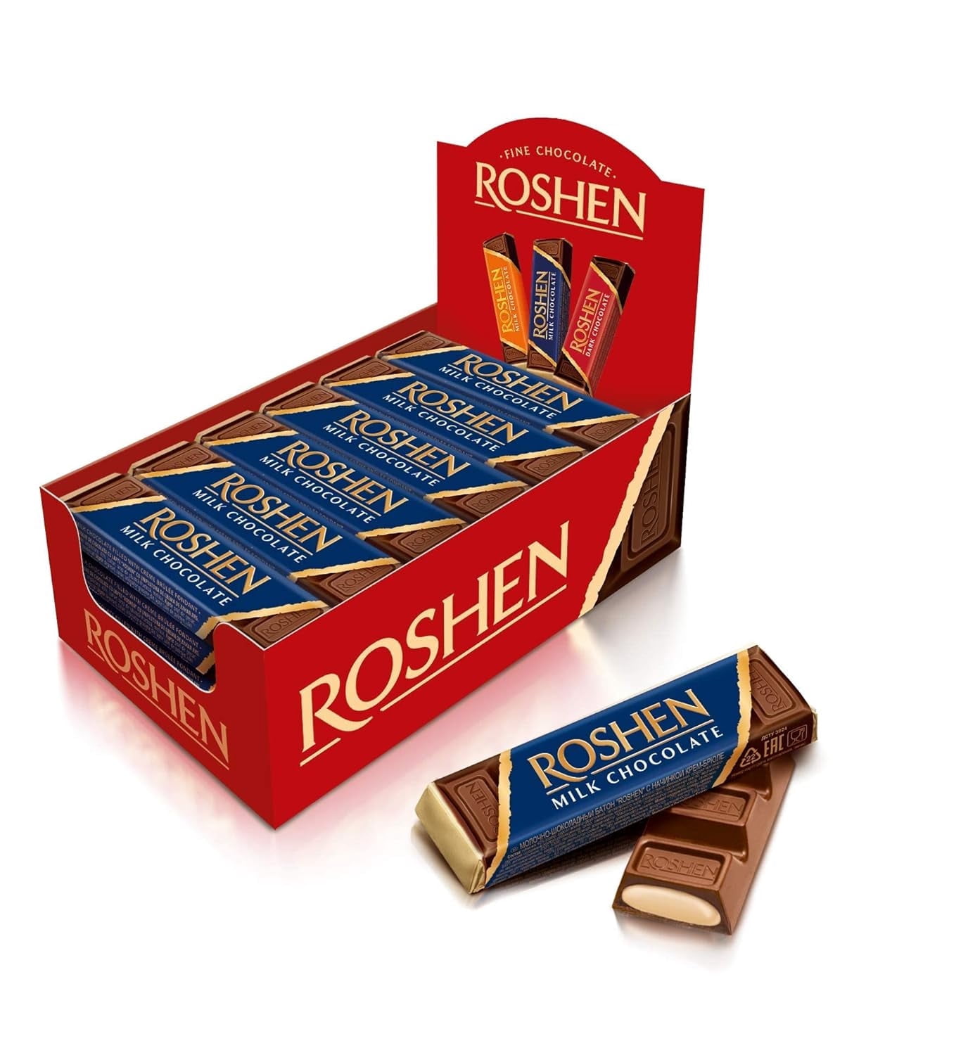 Roshen Sweet Milk Chocolate Bar with Cream-Brulee Filling, Kosher Pack of 30 (1.52 oz/43 grams)