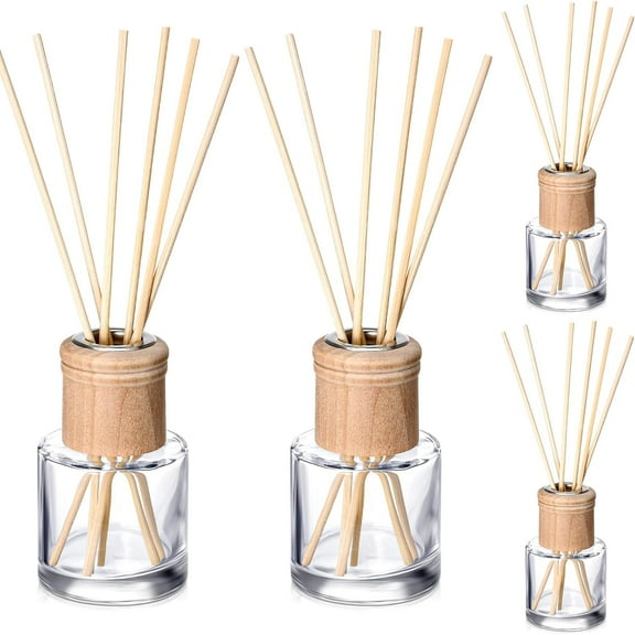 Roshtia 4 Set Reed Diffuser Bottle Empty Refillable Fragrance Glass Diffuser Bottles Set with Wooden Caps Sticks 50ml 1.7 oz Round Glass Jars for DIY Fragrance